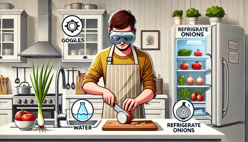 A person cutting an onion in a kitchen while using protective goggles, under running water, with a refrigerator in the background labeled 'Refrigerate Onions'.